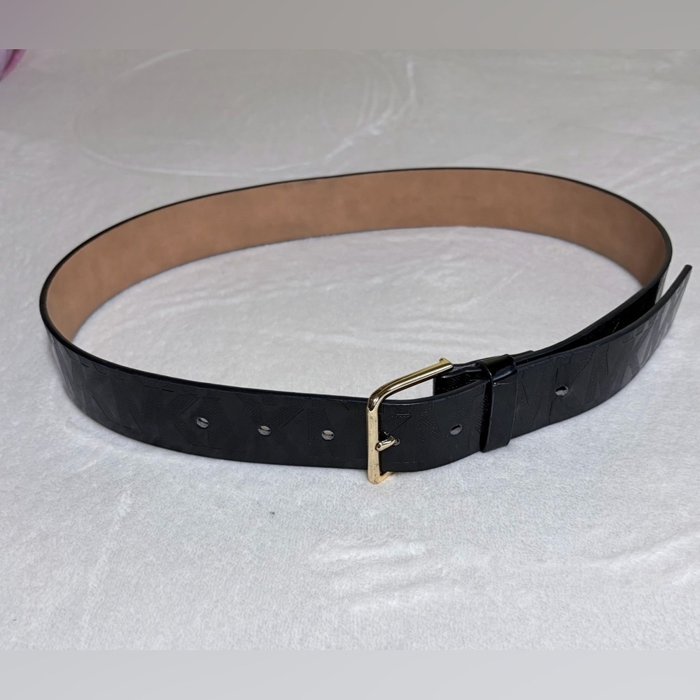 Michael Kors MK Logo Black Synthetic‎ Leather Belt with Gold Buckle
